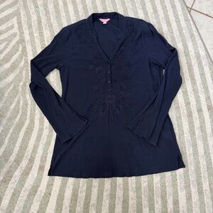 Lilly Pulitzer Navy Embroidered V-Neck Long Sleeve Top